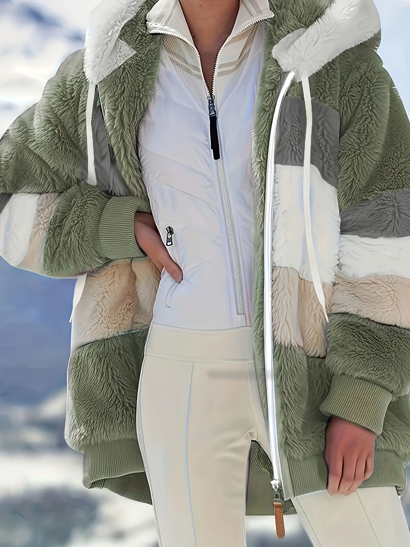 Women Hooded Jacket Brown Plush Warm Winter Coat