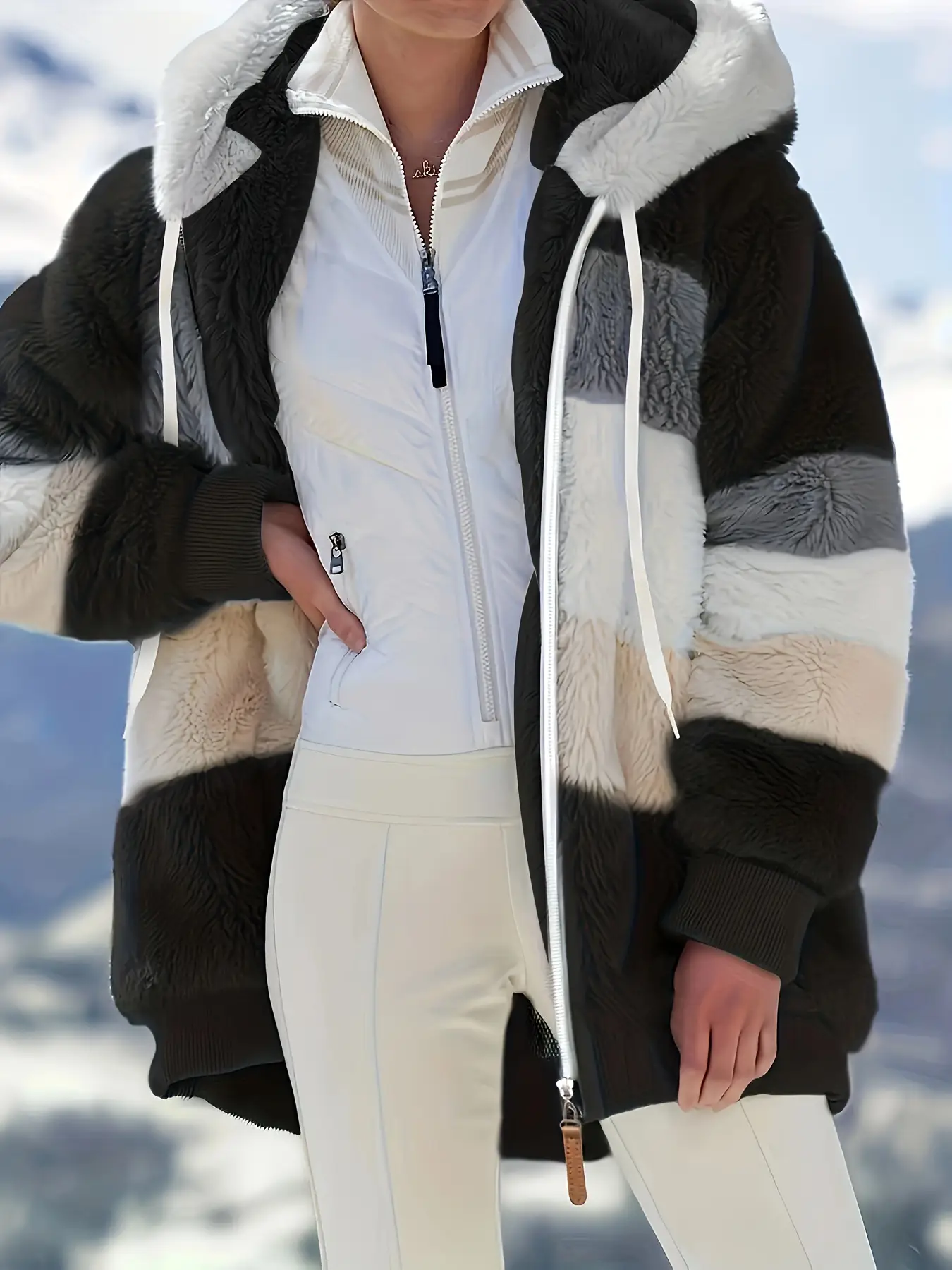 Women Hooded Jacket Brown Plush Warm Winter Coat