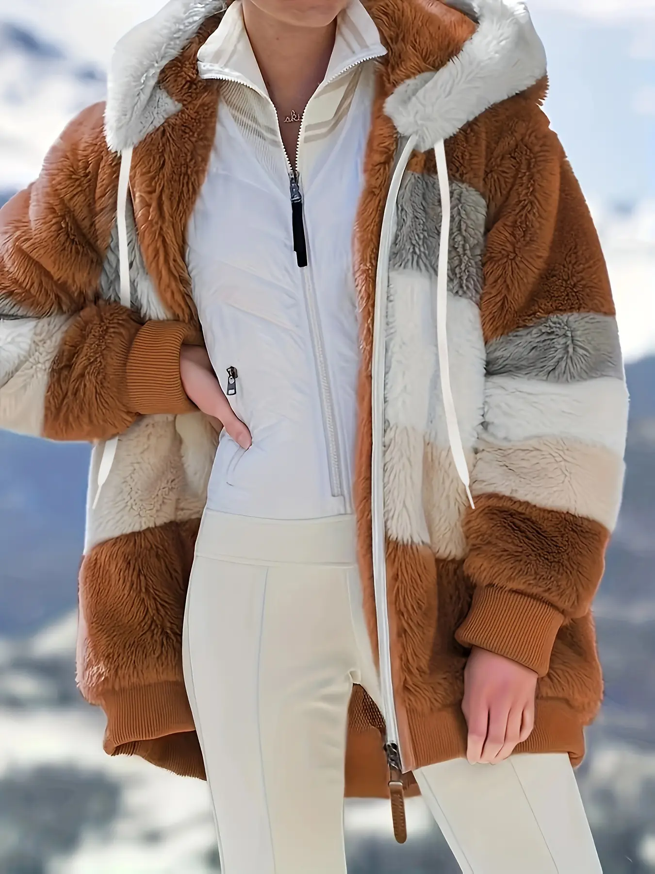 Women Hooded Jacket Brown Plush Warm Winter Coat