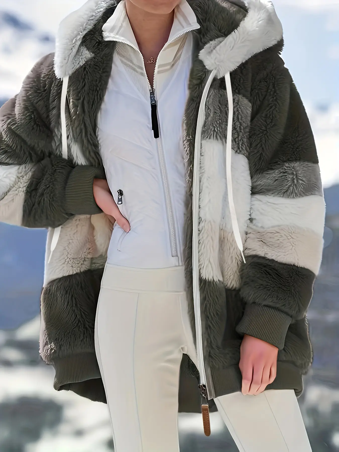 Women Hooded Jacket Brown Plush Warm Winter Coat
