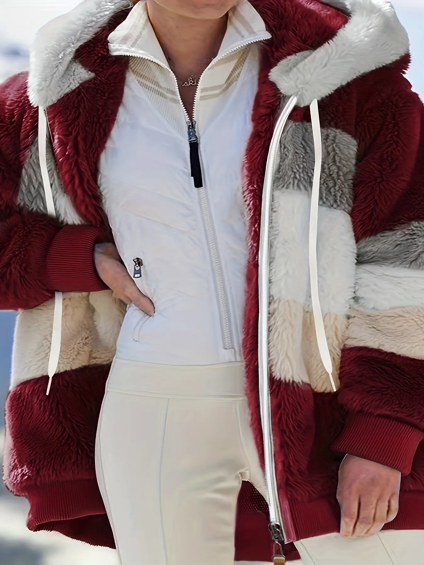 Women Hooded Jacket Brown Plush Warm Winter Coat