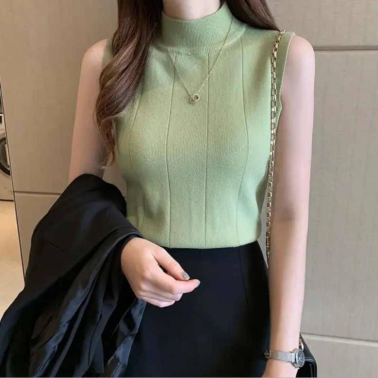 Women Slim Sleeveless Half Turtleneck Top with Vest Inner - Image 14