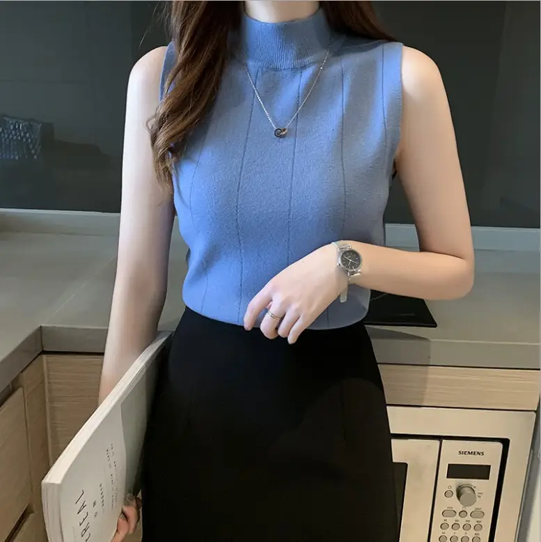 Women Slim Sleeveless Half Turtleneck Top with Vest Inner - Image 15