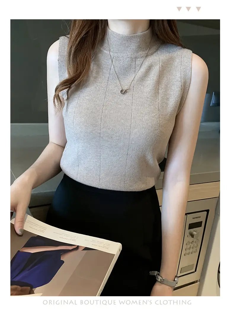 Women Slim Sleeveless Half Turtleneck Top with Vest Inner — feature 12