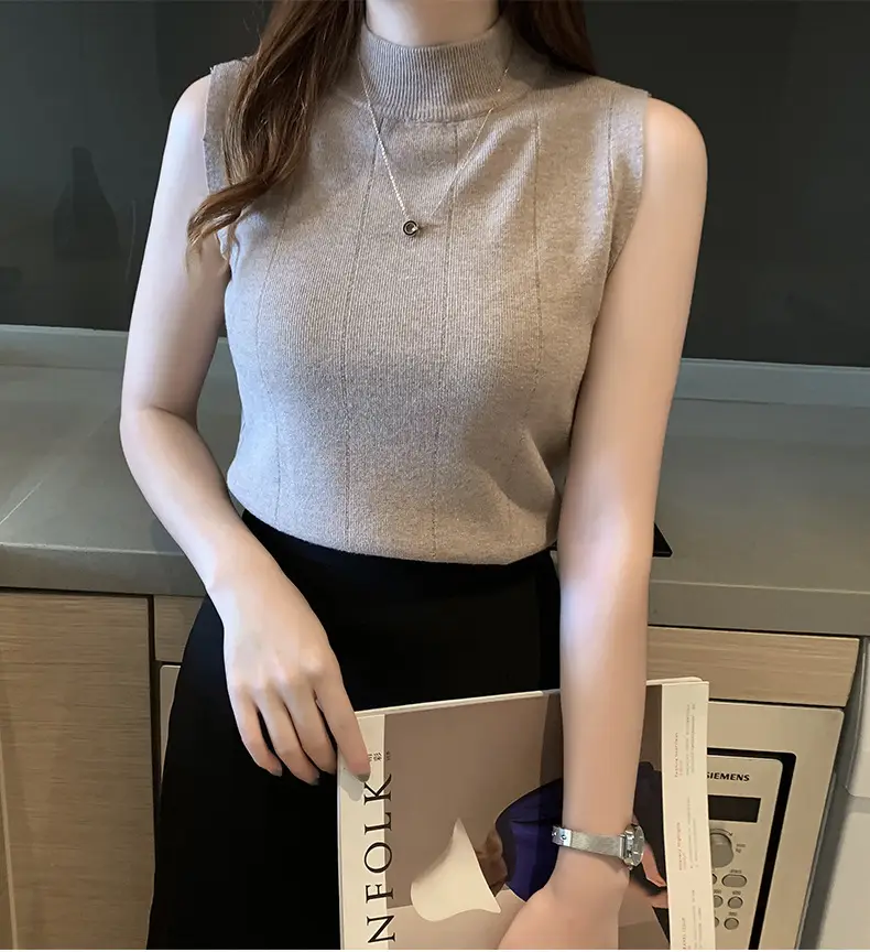 Women Slim Sleeveless Half Turtleneck Top with Vest Inner — feature 13