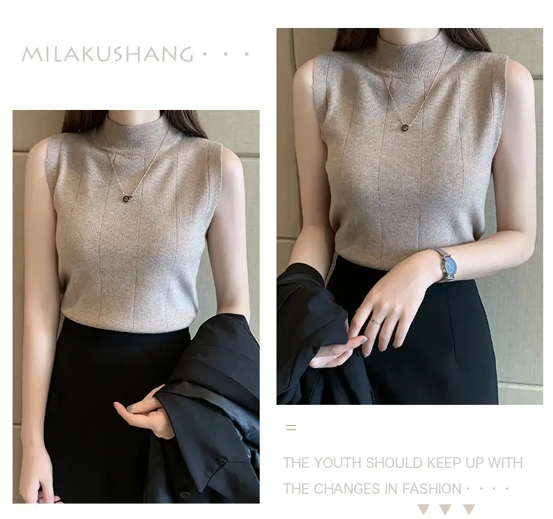 Women Slim Sleeveless Half Turtleneck Top with Vest Inner — feature 14