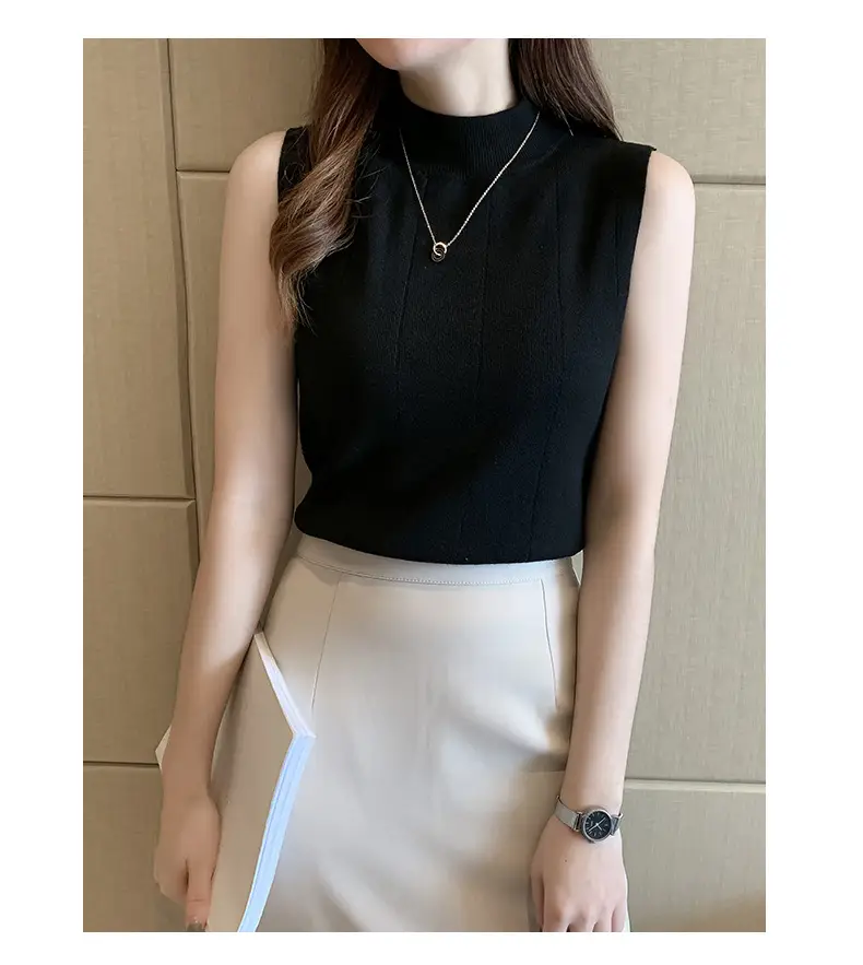 Women Slim Sleeveless Half Turtleneck Top with Vest Inner — feature 25
