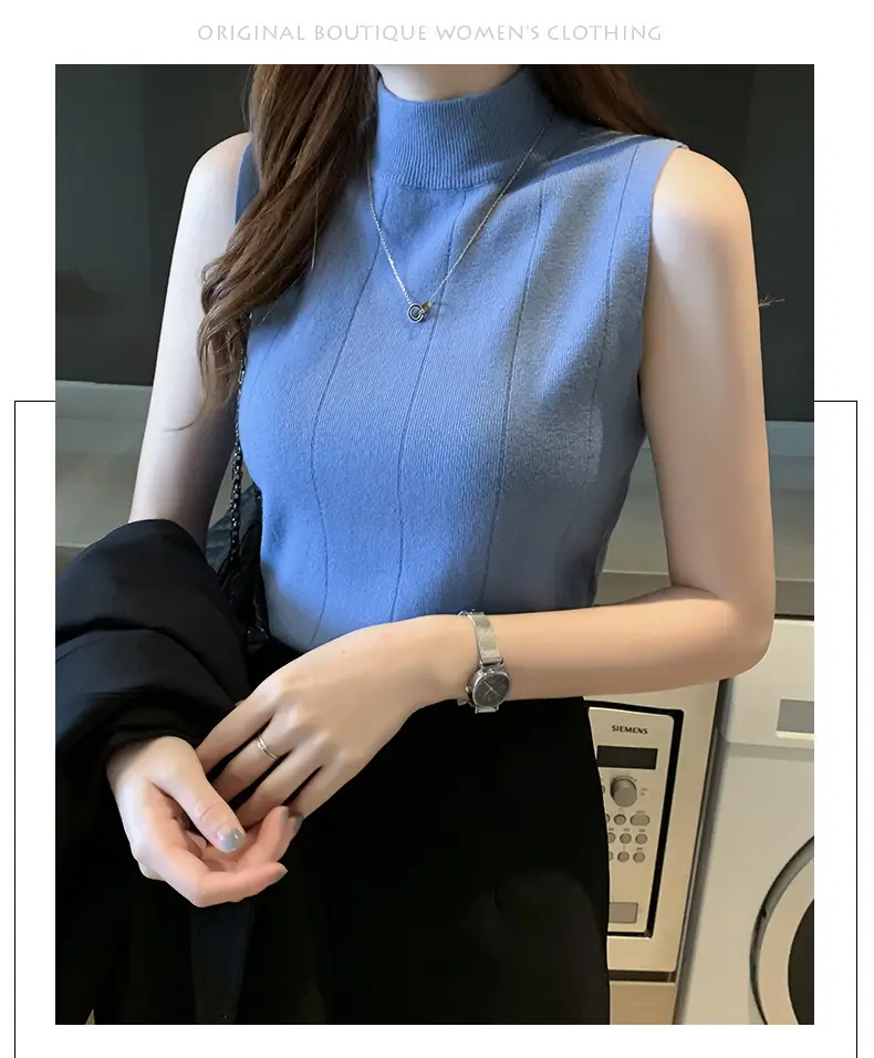 Women Slim Sleeveless Half Turtleneck Top with Vest Inner — feature 4