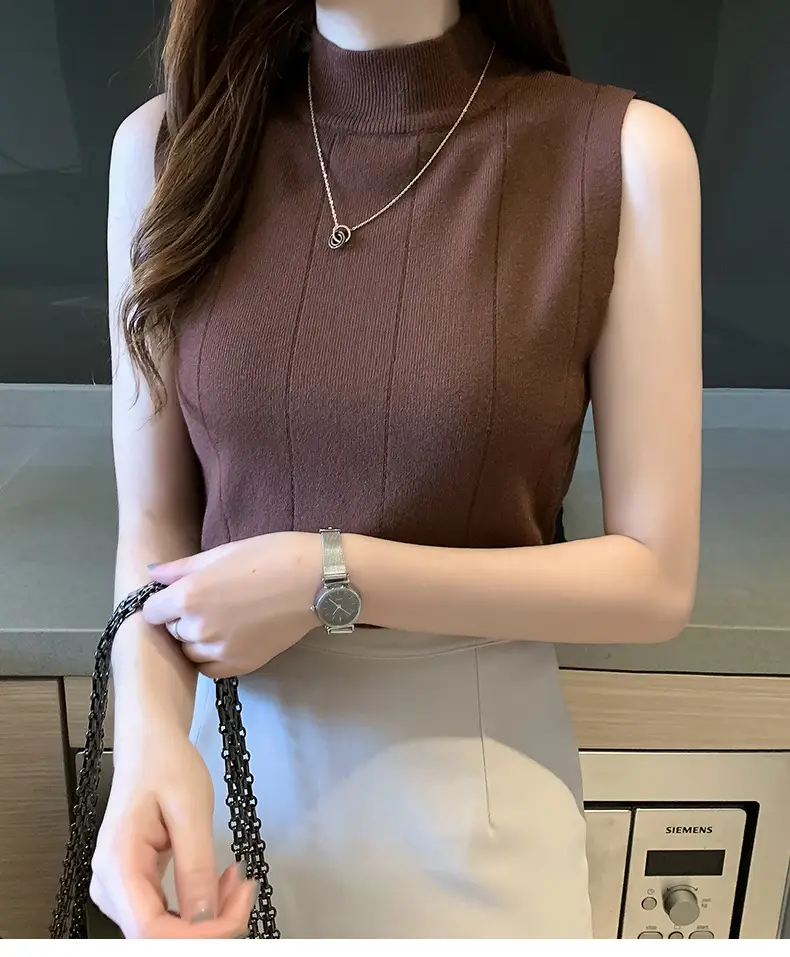 Women Slim Sleeveless Half Turtleneck Top with Vest Inner — feature 7