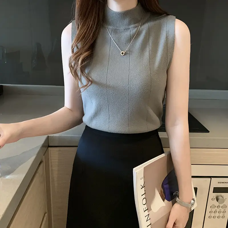 Women Slim Sleeveless Half Turtleneck Top with Vest Inner - Image 2