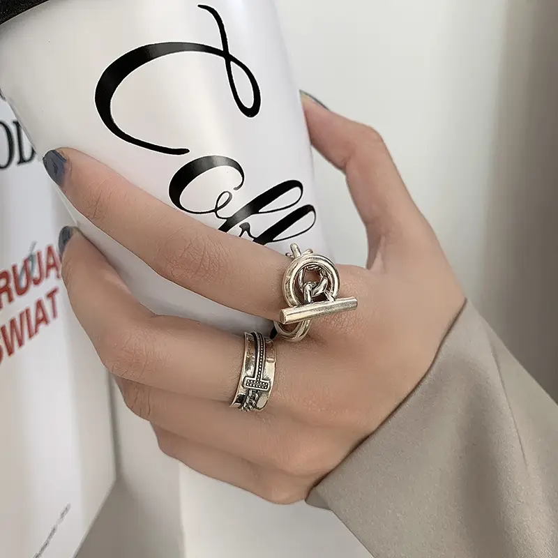 Women's S925 Silver Ot Buckle Ring with Geometric Chain - Image 3
