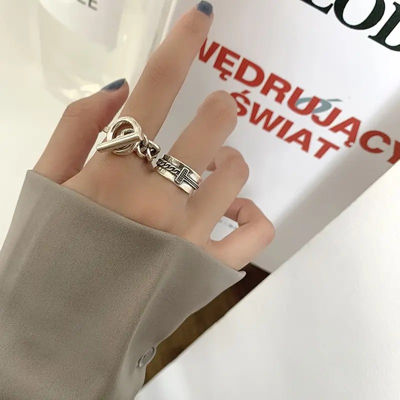 Women's S925 Silver Ot Buckle Ring with Geometric Chain - Image 4
