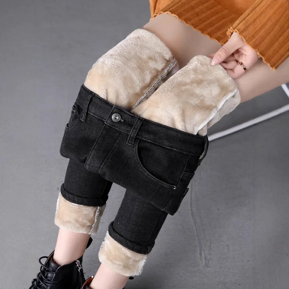 Women's Black Fleece-lined Slim-fit High Waist Jeans 2020 Winter - Image 7