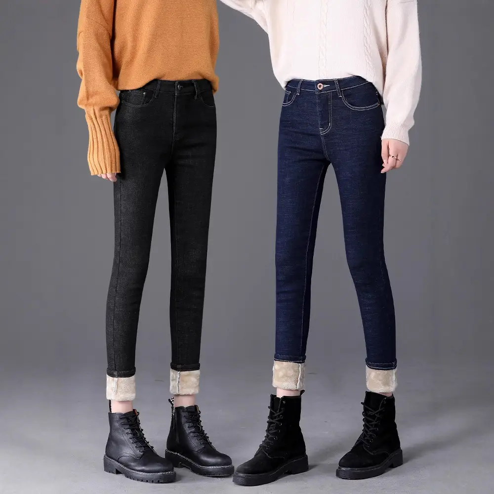 Women's Black Fleece-lined Slim-fit High Waist Jeans 2020 Winter - Image 8