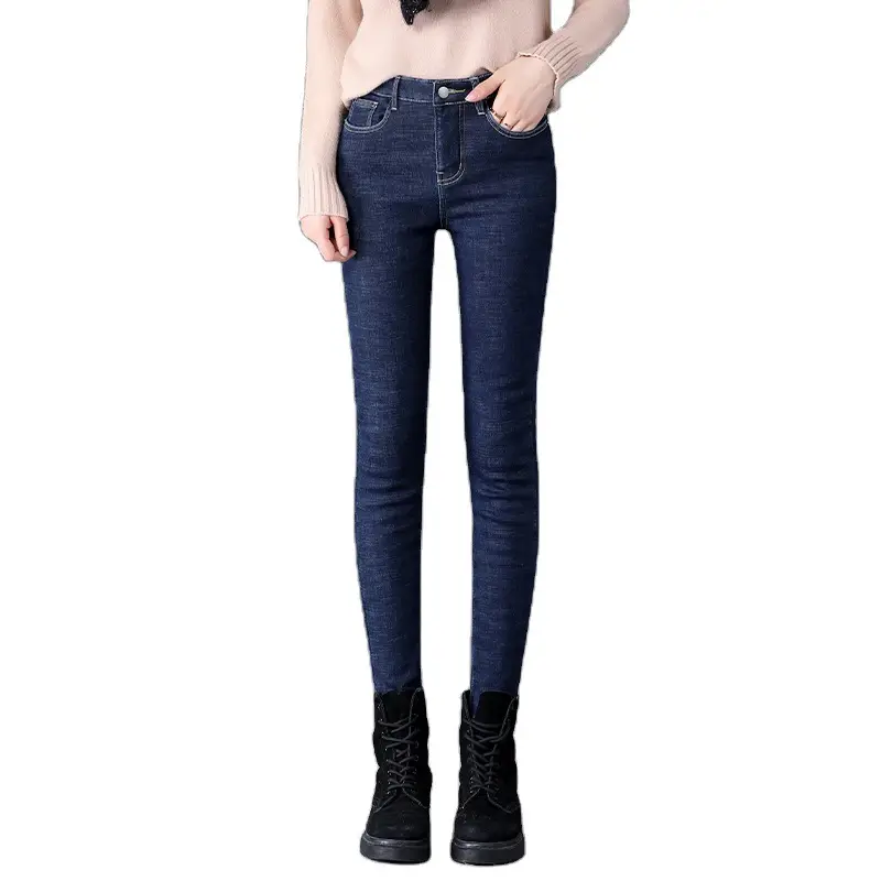 Women's Black Fleece-lined Slim-fit High Waist Jeans 2020 Winter - Image 9