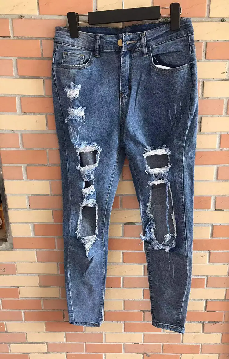 Women Ripped Denim Skinny Pants Black Top White Top Streetwear Set — feature 10