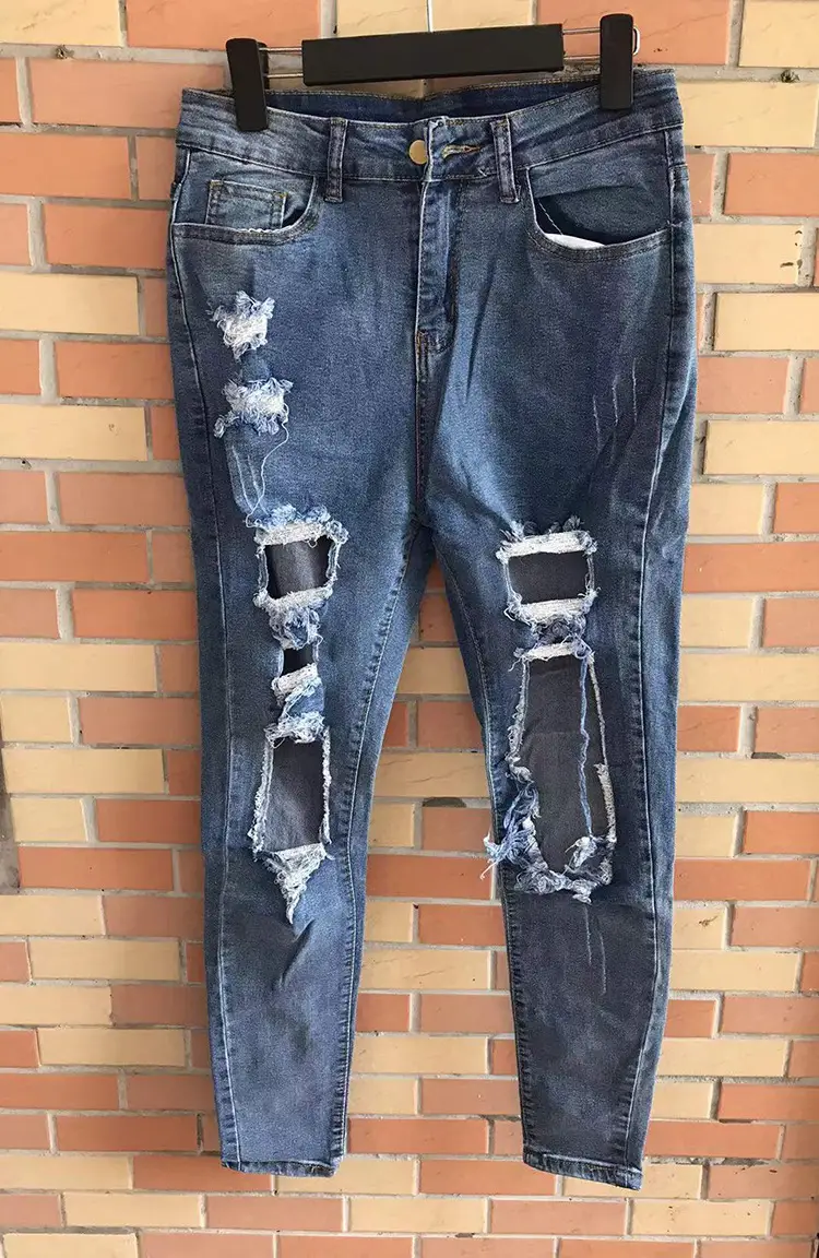 Women Ripped Denim Skinny Pants Black Top White Top Streetwear Set — feature 11