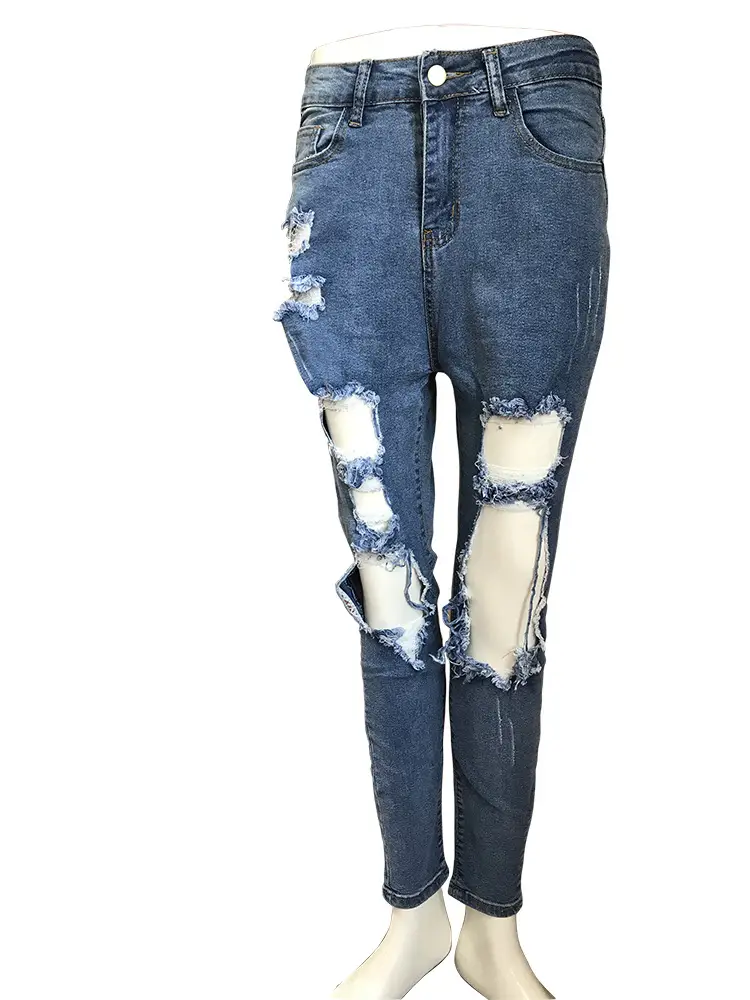 Women Ripped Denim Skinny Pants Black Top White Top Streetwear Set — feature 7