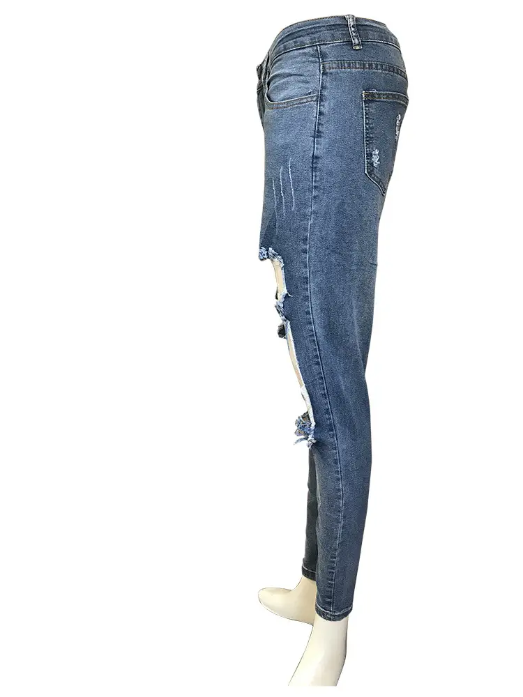 Women Ripped Denim Skinny Pants Black Top White Top Streetwear Set — feature 8