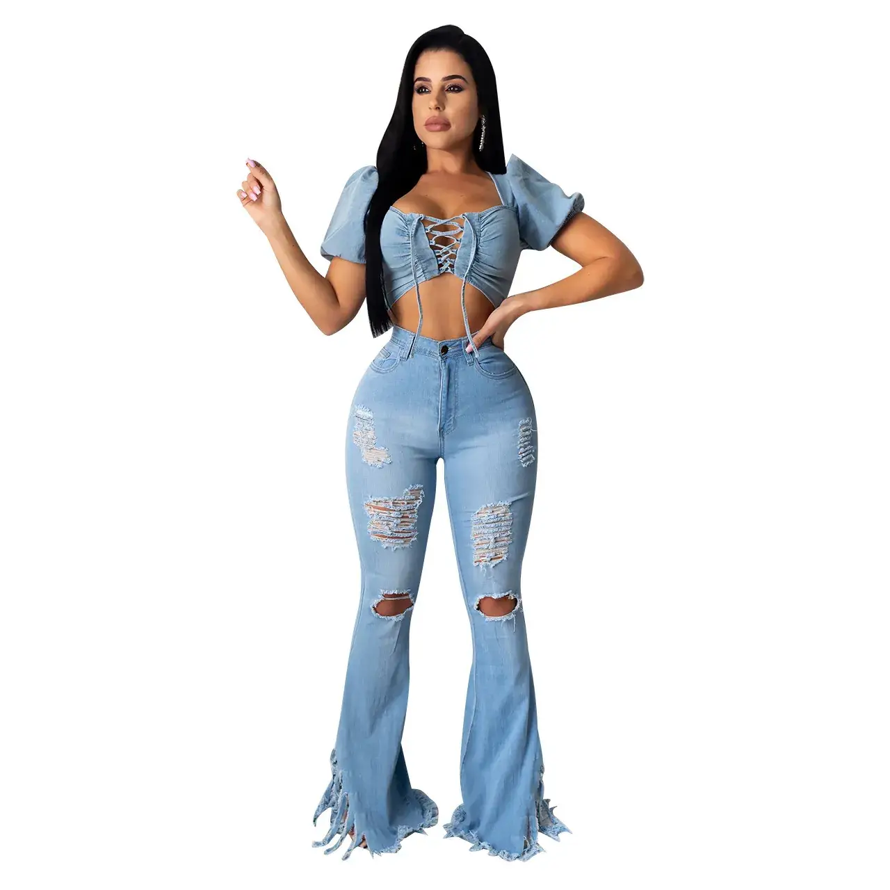 Women Ripped Tassel Jeans White Top Set - Image 3