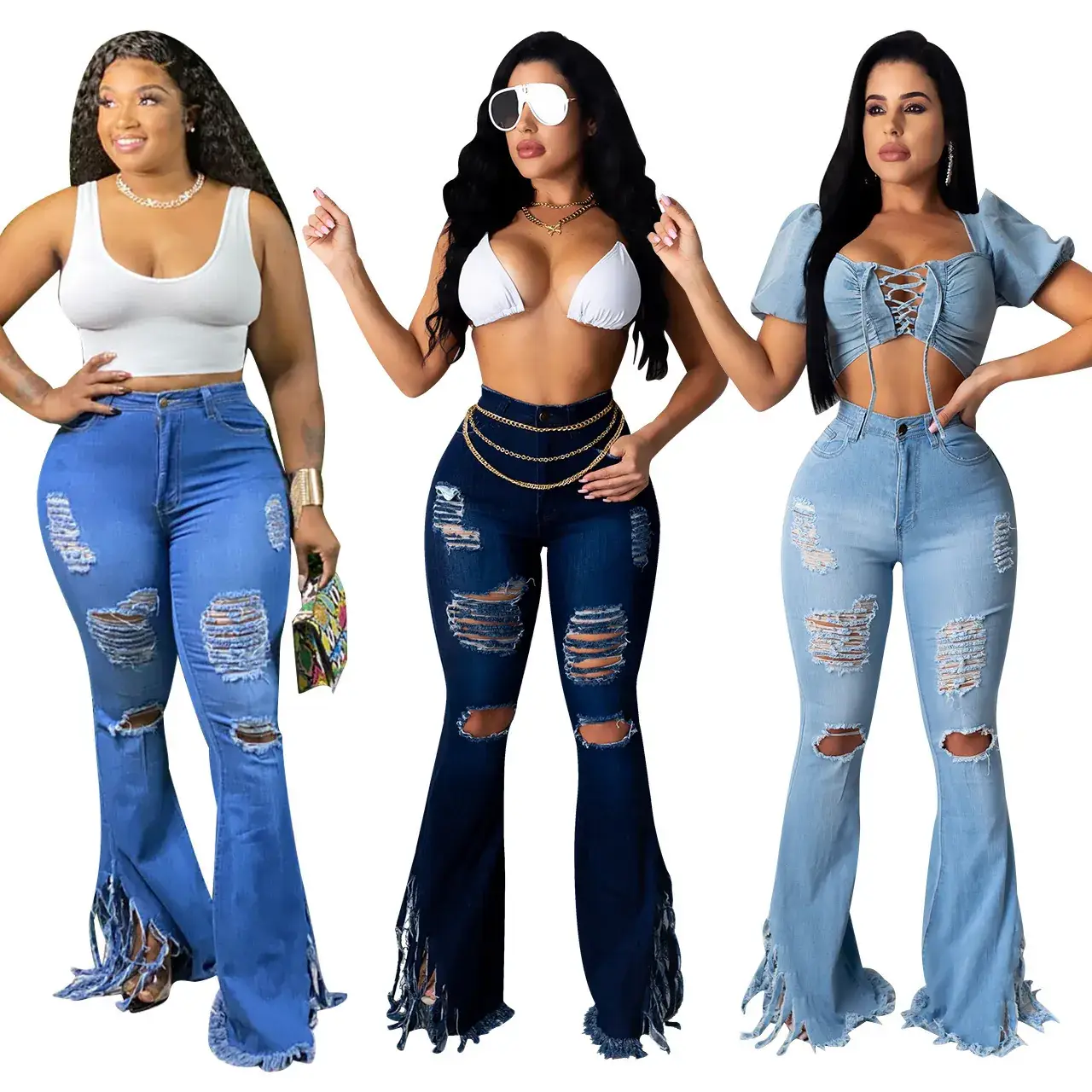 Women Ripped Tassel Jeans White Top Set — feature 2