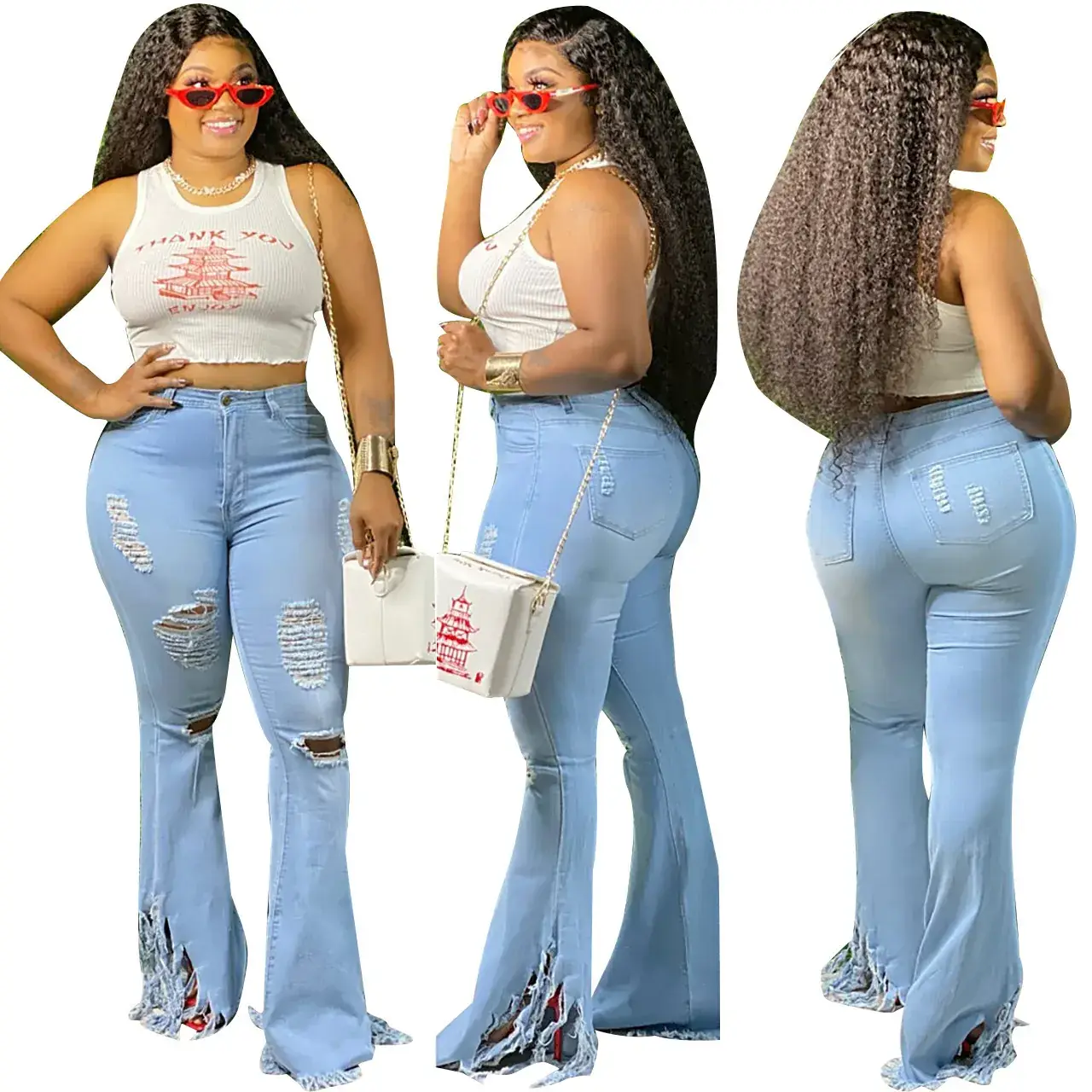 Women Ripped Tassel Jeans White Top Set — feature 3