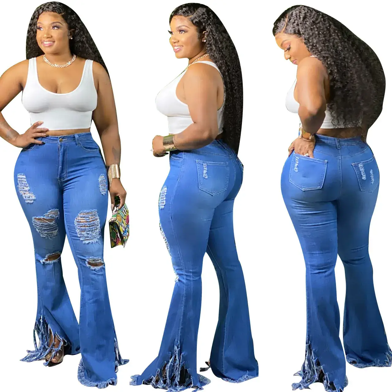 Women Ripped Tassel Jeans White Top Set — feature 4