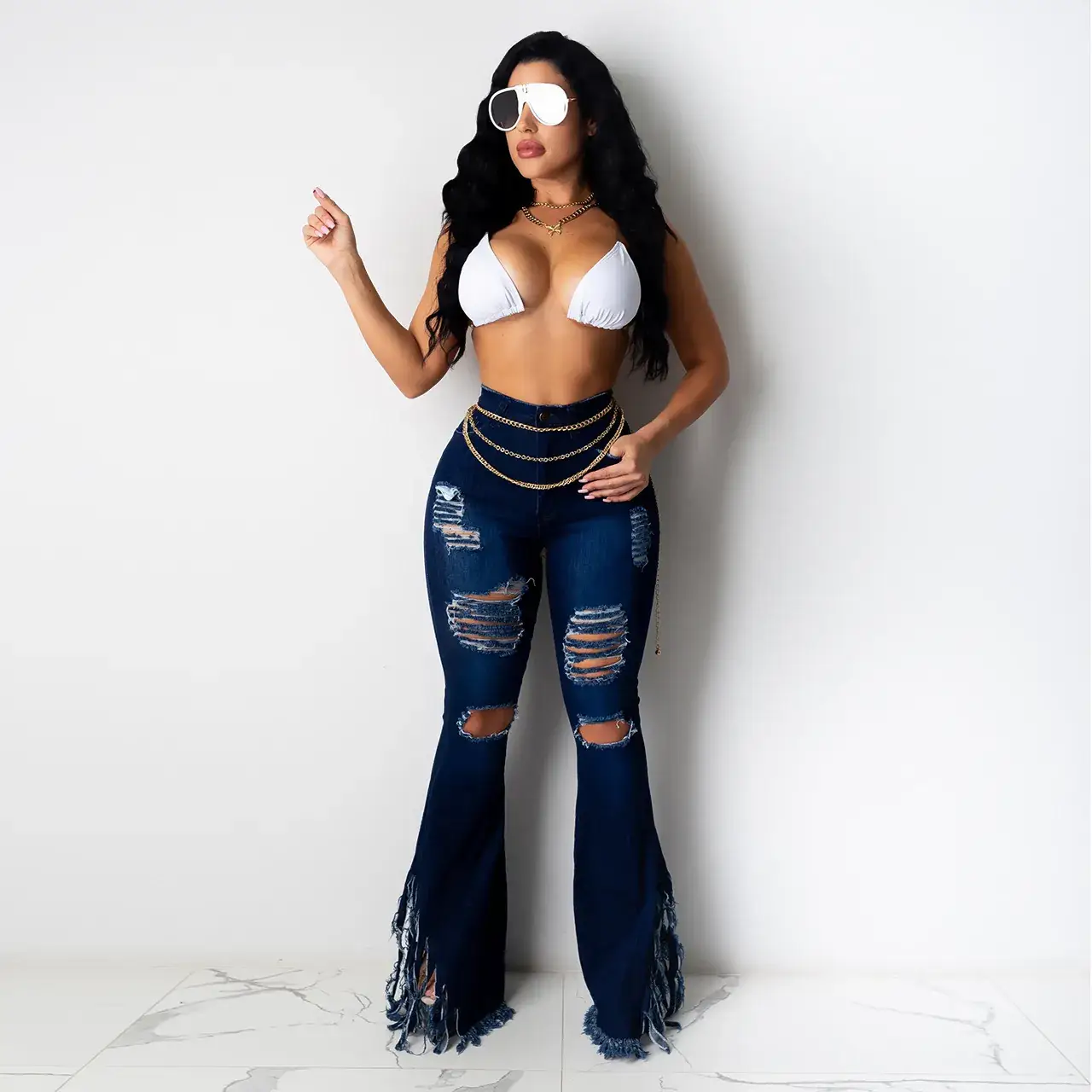 Women Ripped Tassel Jeans White Top Set — feature 7