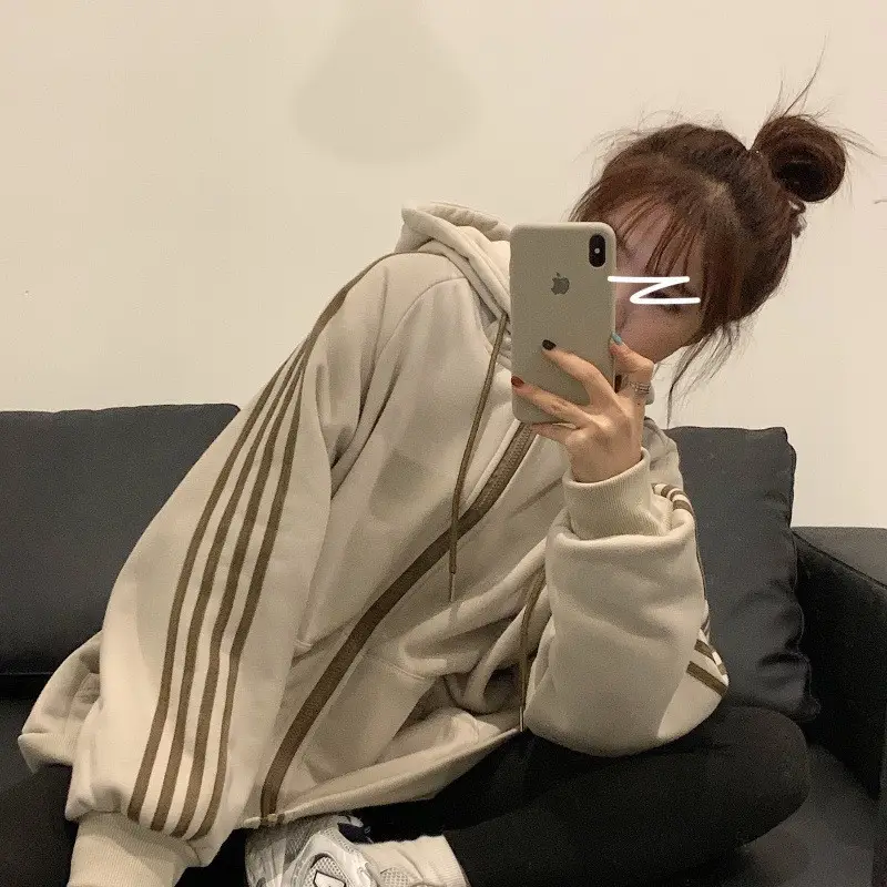 Women's Hooded Fleece Sweatshirt Beige Loose Fit Winter Casual - Image 4