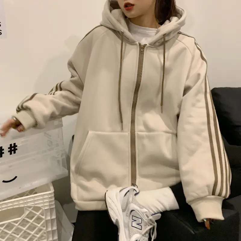 Women's Hooded Fleece Sweatshirt Beige Loose Fit Winter Casual — feature 9