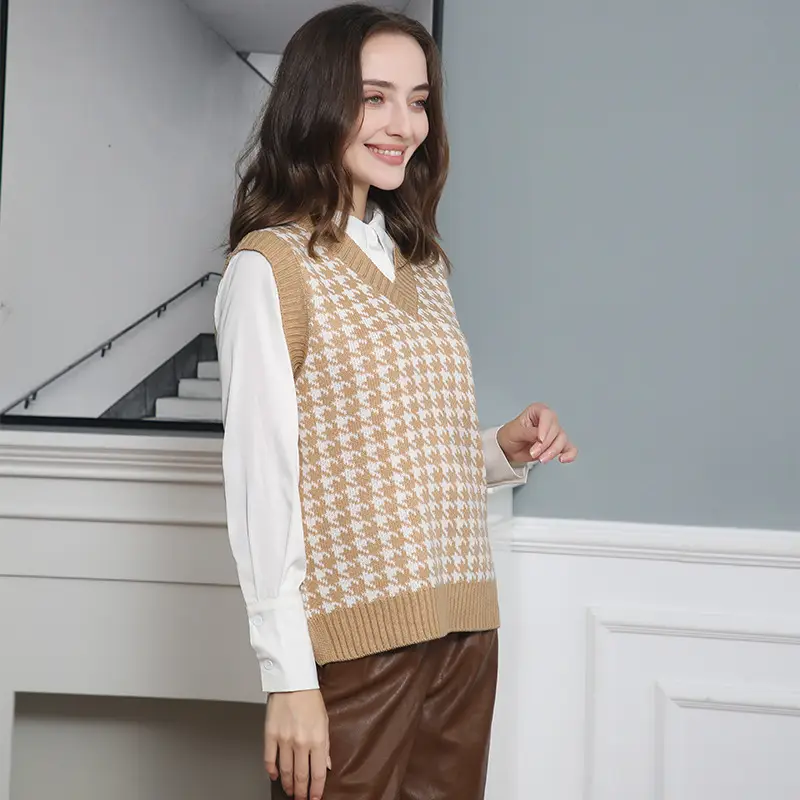 Women's New Houndstooth Knitted Vest V-Neck Sleeveless — feature 10