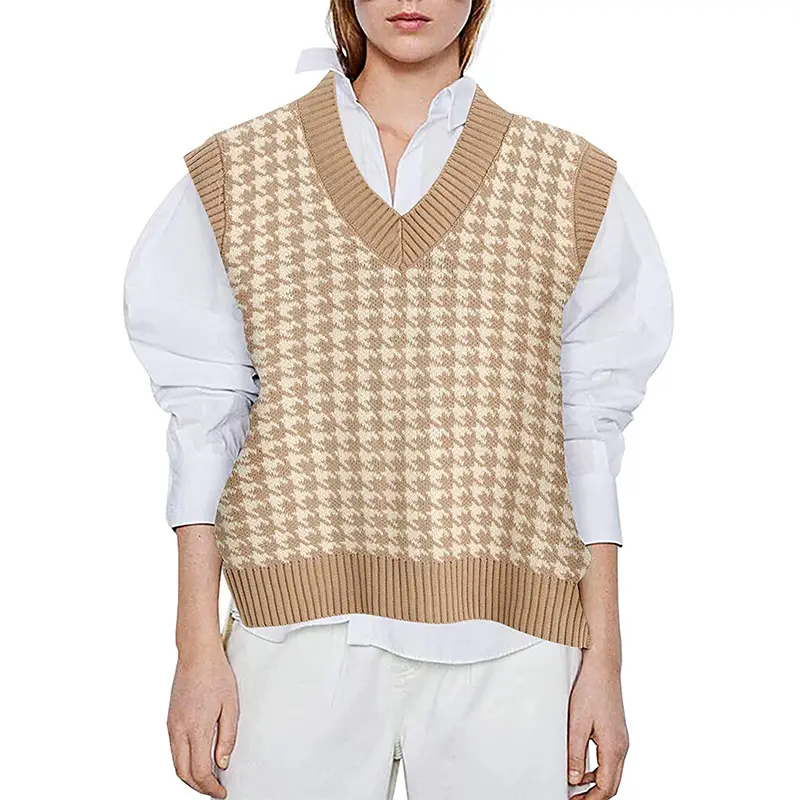 Women's New Houndstooth Knitted Vest V-Neck Sleeveless — feature 12