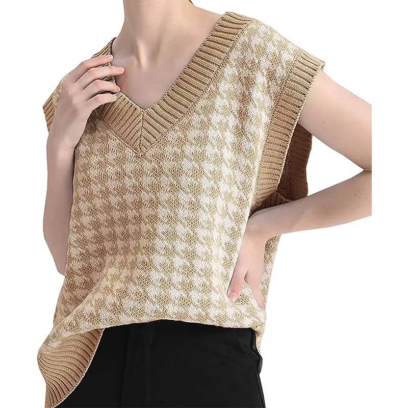 Women's New Houndstooth Knitted Vest V-Neck Sleeveless — feature 13