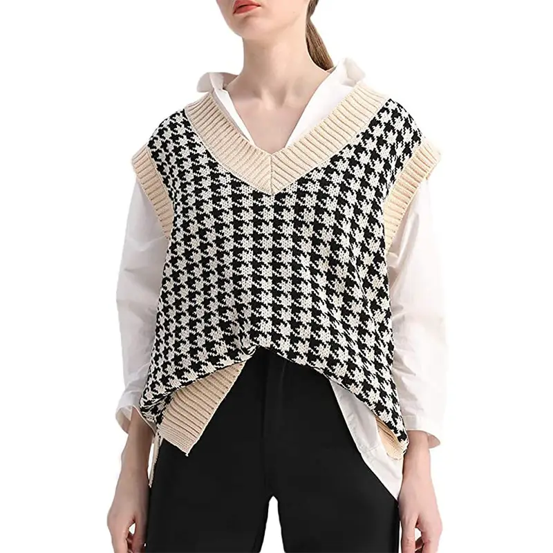Women's New Houndstooth Knitted Vest V-Neck Sleeveless — feature 14