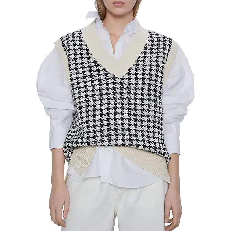 Women's New Houndstooth Knitted Vest V-Neck Sleeveless — feature 15