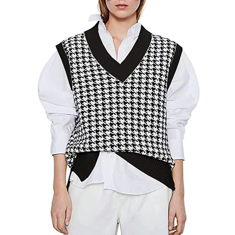 Women's New Houndstooth Knitted Vest V-Neck Sleeveless — feature 16