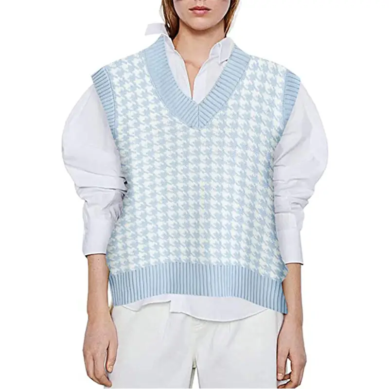Women's New Houndstooth Knitted Vest V-Neck Sleeveless — feature 17
