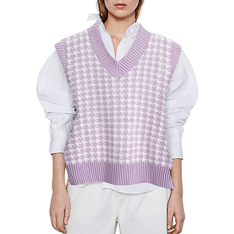 Women's New Houndstooth Knitted Vest V-Neck Sleeveless — feature 19