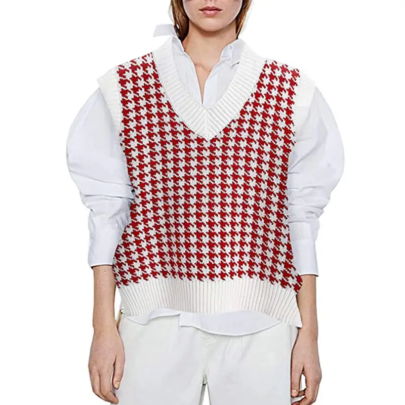 Women's New Houndstooth Knitted Vest V-Neck Sleeveless — feature 20