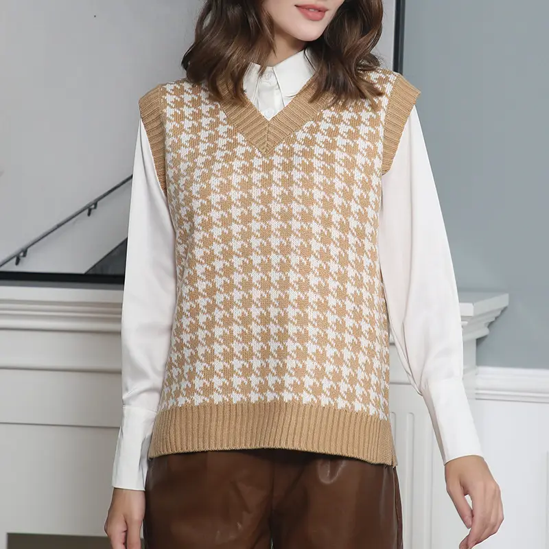 Women's New Houndstooth Knitted Vest V-Neck Sleeveless — feature 9