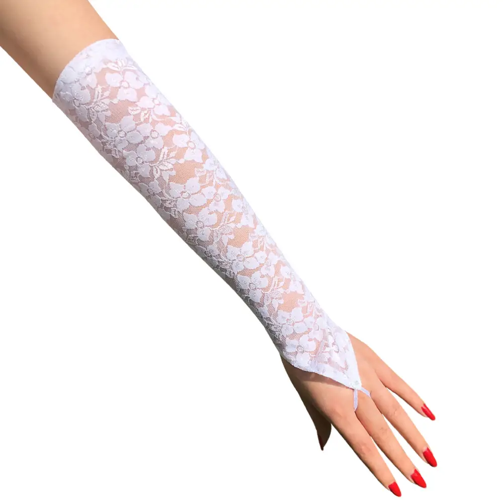White Lace Long Sleeve Hook Finger Gloves for Weddings & Stage - Image 8