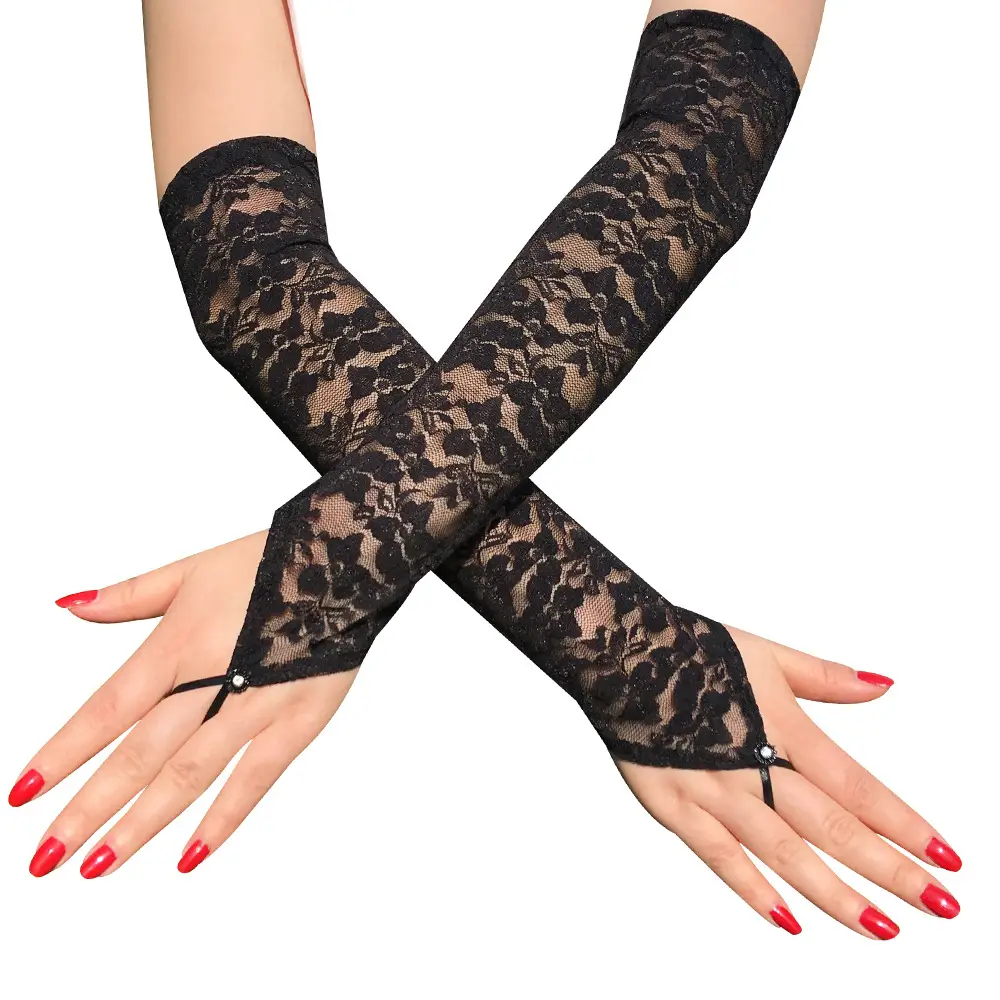 White Lace Long Sleeve Hook Finger Gloves for Weddings & Stage - Image 2