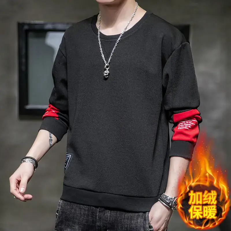 Men Velvet Round Neck T-Shirt Black Red Sleeve Guard