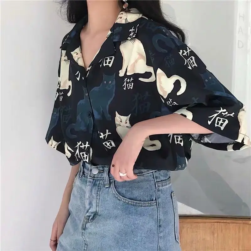 Summer Cat Print Loose Short Sleeve Shirt for Girls - Image 3