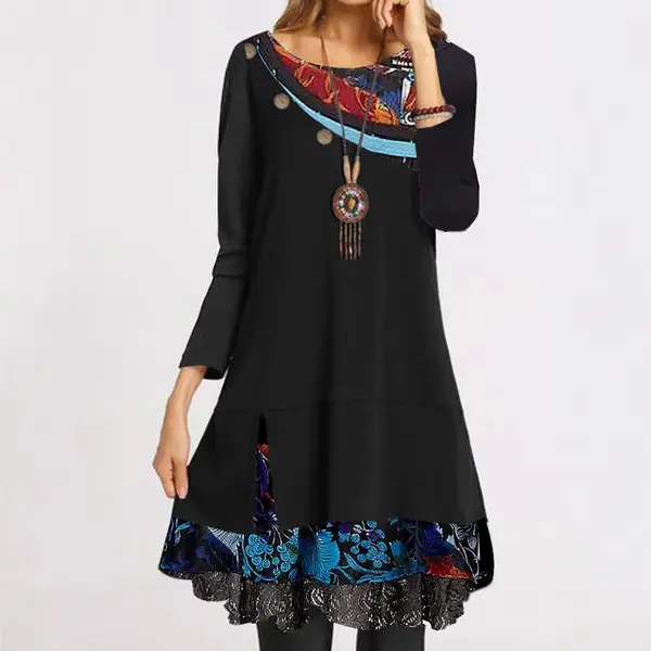 Black Lace Button Dress with Blue Floral Hem for Women - Image 2
