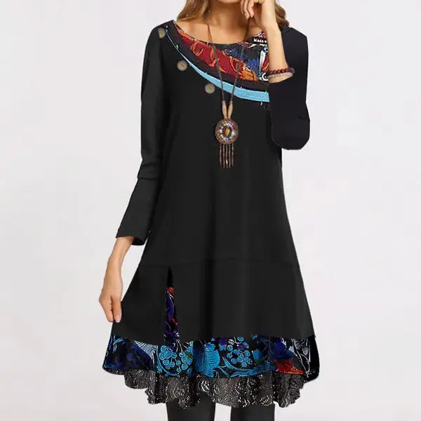 Black Lace Button Dress with Blue Floral Hem for Women - Image 5