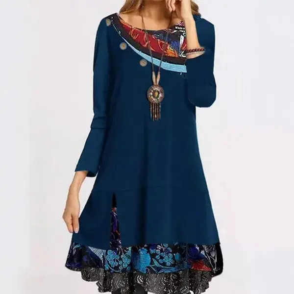 Black Lace Button Dress with Blue Floral Hem for Women - Image 6