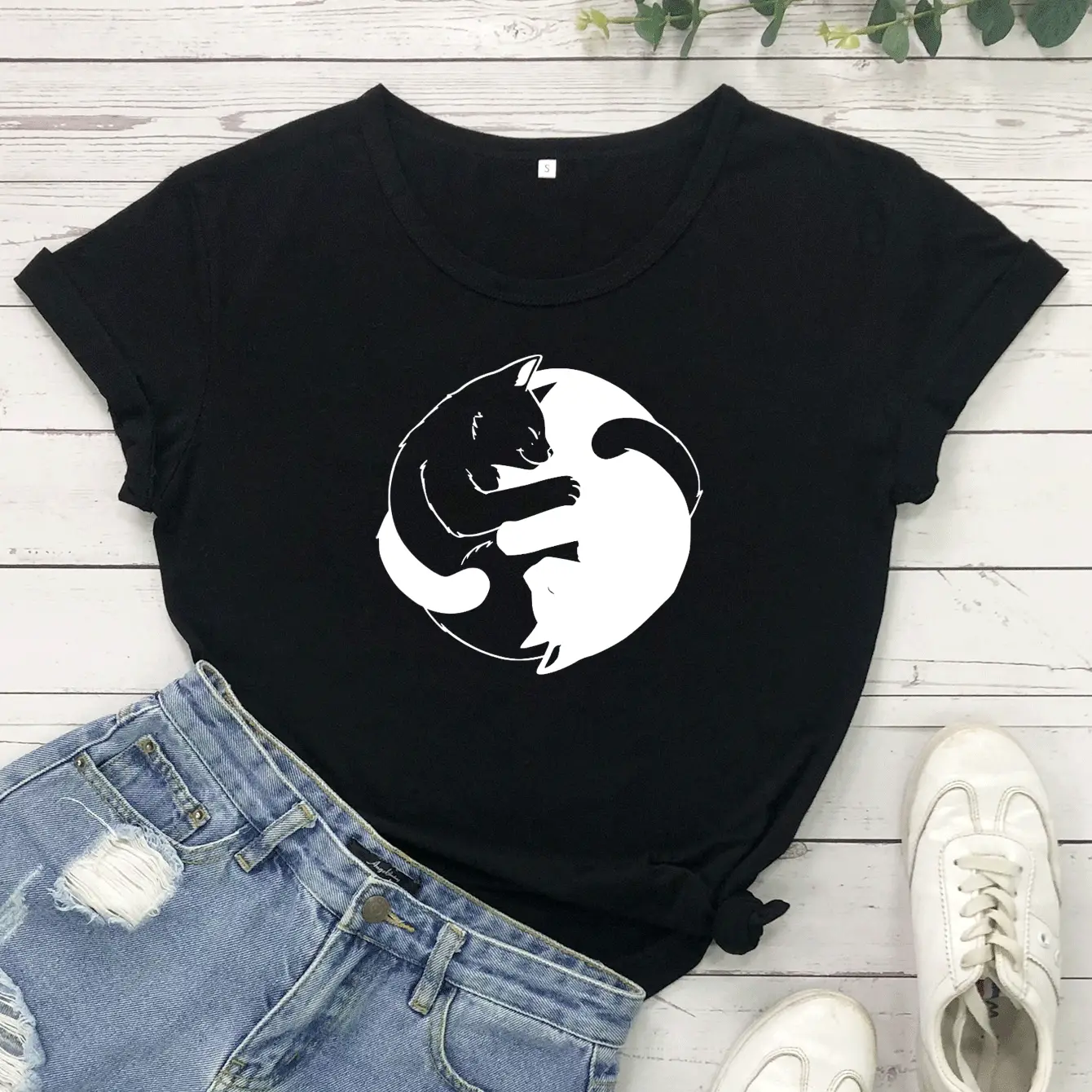 Pink Yin Yang Cat Print T-Shirt Short Sleeve - Image 2