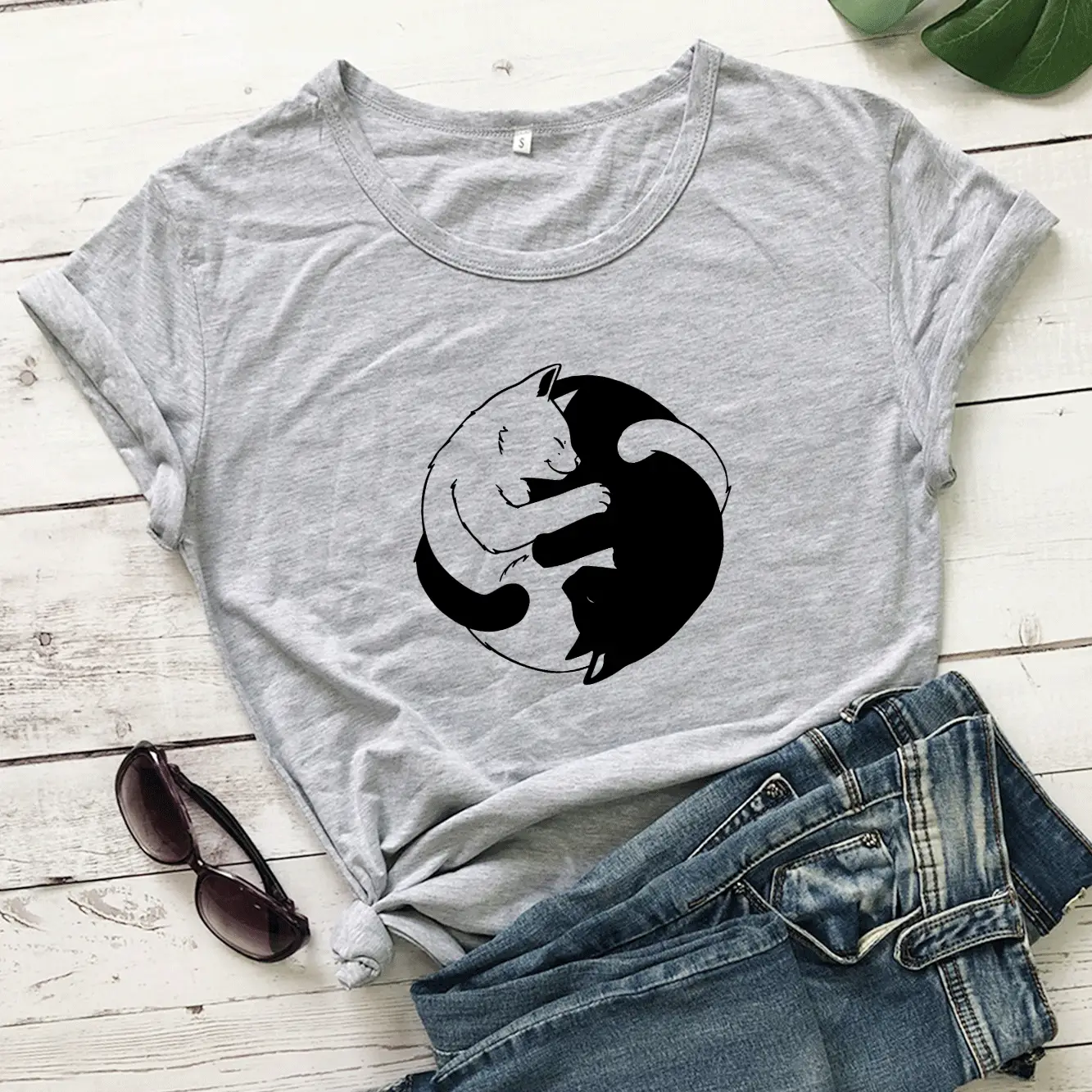 Pink Yin Yang Cat Print T-Shirt Short Sleeve - Image 3