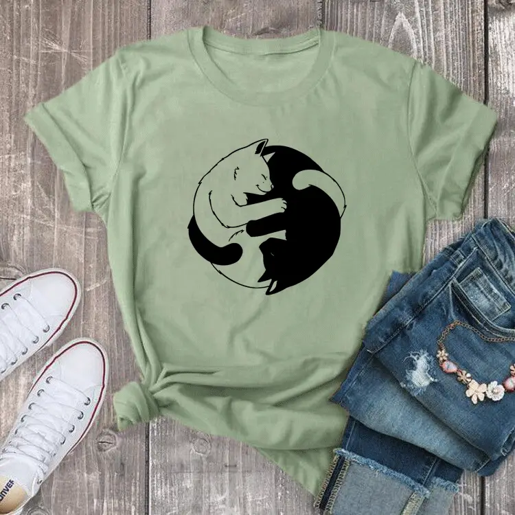 Pink Yin Yang Cat Print T-Shirt Short Sleeve - Image 4